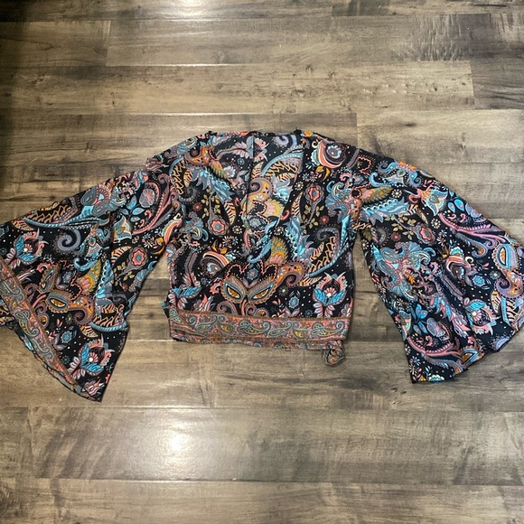 Imported Silk Blend Boho Global Wrap Bell Sleeve Blouse India - Picture 1 of 6